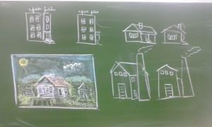 Для первого класса. Тема - постройки в нашей жизни. Объясняю, как нарисовать объемным, тот или иной дом, или здание, или строение.